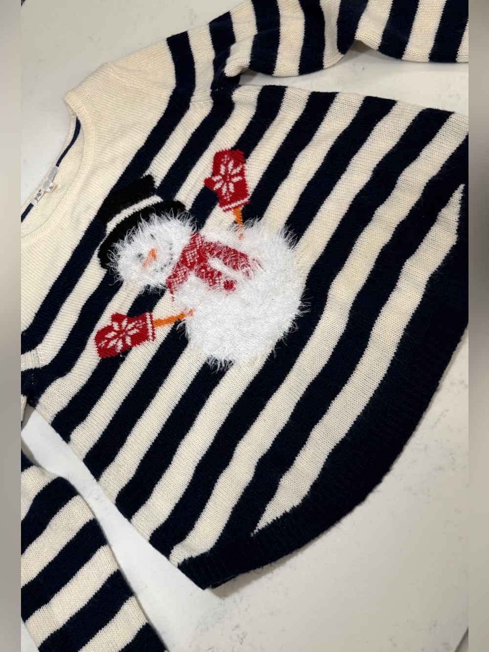 Jolt Black and Cream Striped Crewneck Sweater with Snowman Applique